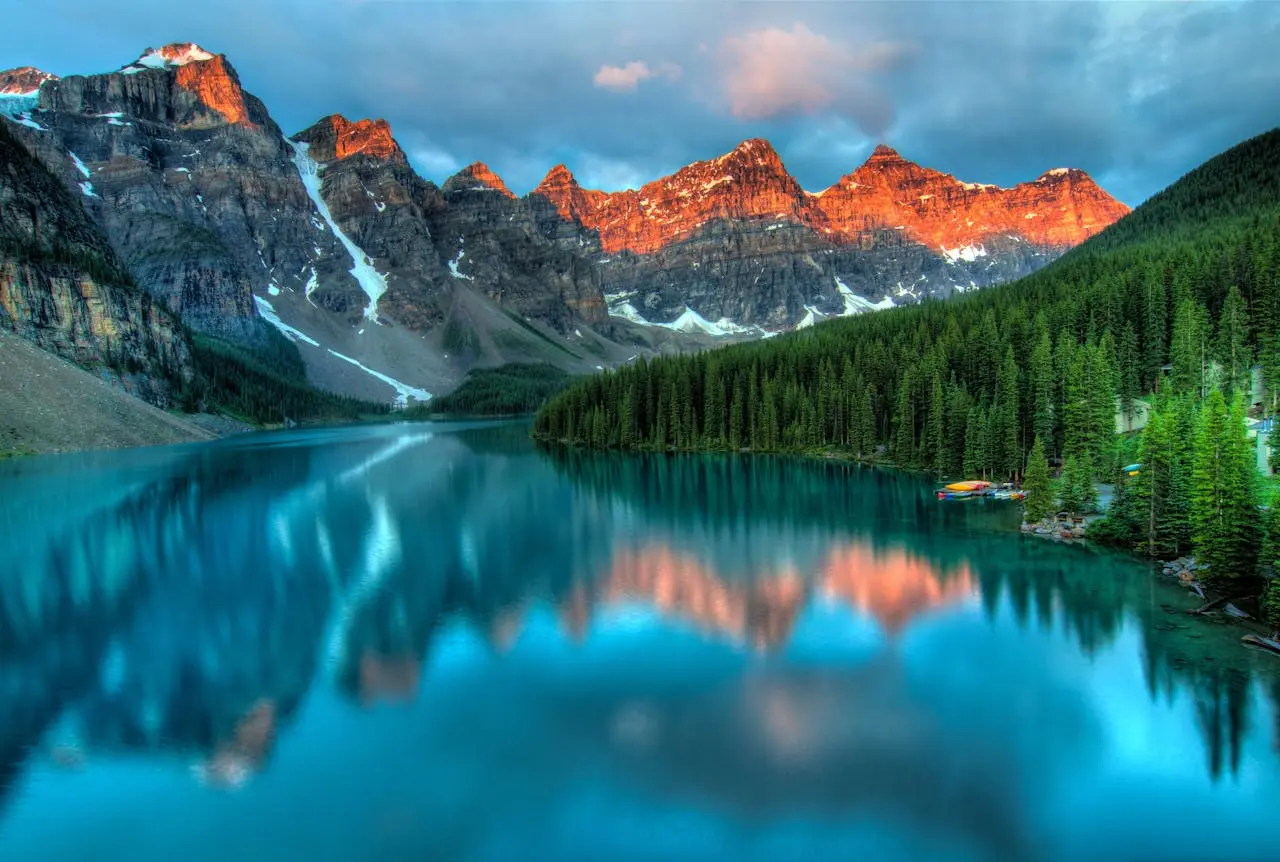 peaceful nature, with a lake, mountains, and a forest